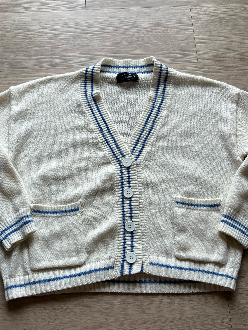 Cider Cream Cardigan Sweater with Blue Trim